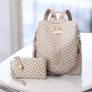 Beige Geometric Travel Backpack with Wristlet
